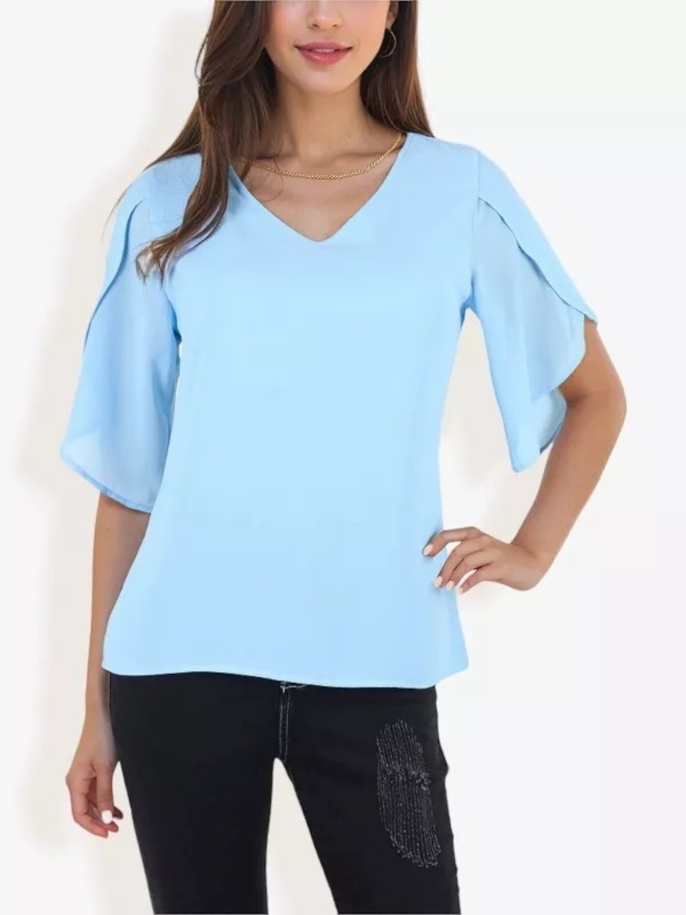 Light Blue V-Neck Flutter Sleeve Blouse